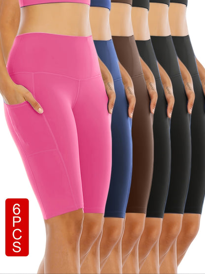 6pcs Set Of Women's Cycling Shorts with Pockets, High Waist Belly-closing Exercise Yoga Running Fitness Tennis Shorts Large Size Sports Shorts