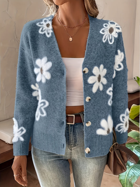 Women's Printed Button Cardigan V-neck Drooping Shoulder Coat