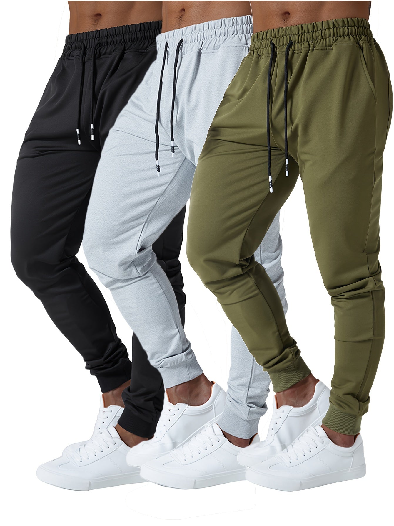 3pcs Men's Jogger Sweatpants - Ultra-Elastic Gym Pants with Deep Side Pockets, Mid-Rise Athletic Workout Bottoms, Solid Color Casual & Training Wear, Machine Washable (Regular Fit) - Bulk Pack for Running, Gym, Everyday Use - Easy Care &