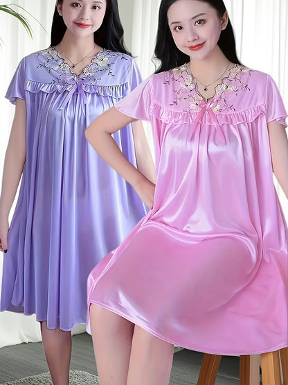 2pcs Sexy Loose Short Sleeve Nightgowns with Lace Trim, V-Neck, Semi-Sheer Polyester - Machine Washable, Spring/ Summer