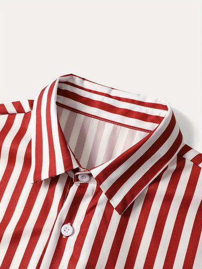 2pcs Men'S Casual Summer Outfit Set, Striped Short Sleeve Button Up Lapel Shirt Top & Solid Drawstring Shorts With Pockets For Casual Daily Wear And Holiday Resorts