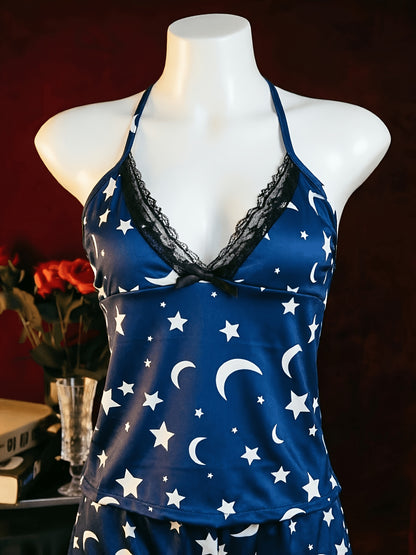 New Arrival Lingerie Seductive Halter Ruffle Sexy 2pcs Pajama Set, Women's Cami & Shorts Loungewear