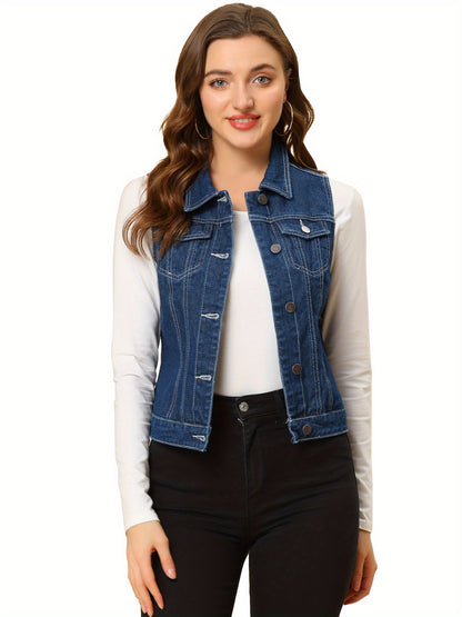 Women's Buttoned Washed Denim Vest Jacket W Chest Flap Pockets