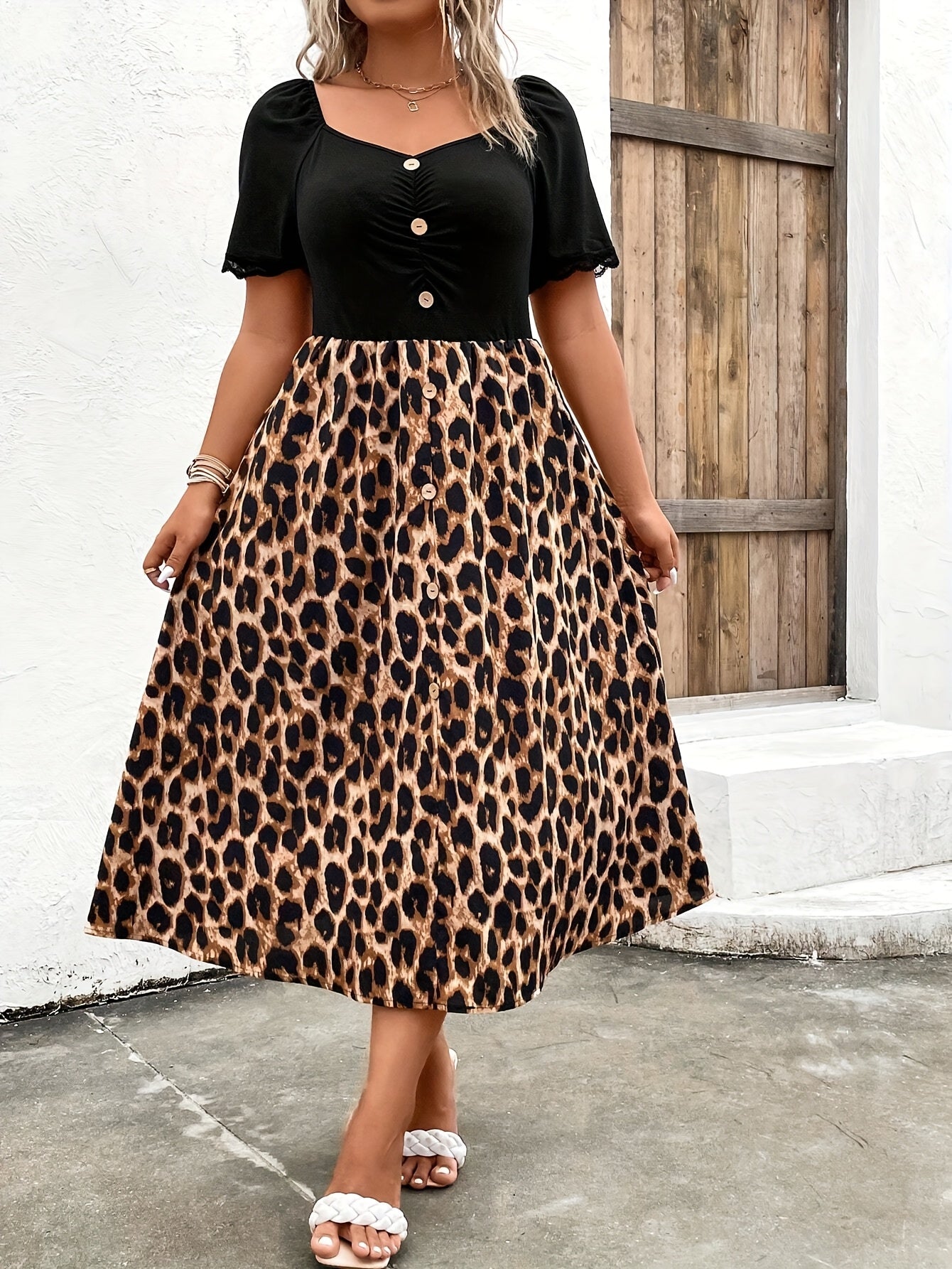 Plus Size Leopard Print Square Neck Midi Dress - Fitted Casual Elegant Machine Washable No-Stretch Fabric with Faux Buttons, Spring/Fall Women's Fashion Attire, Spring Fall Attire, Stylish Faux Buttons