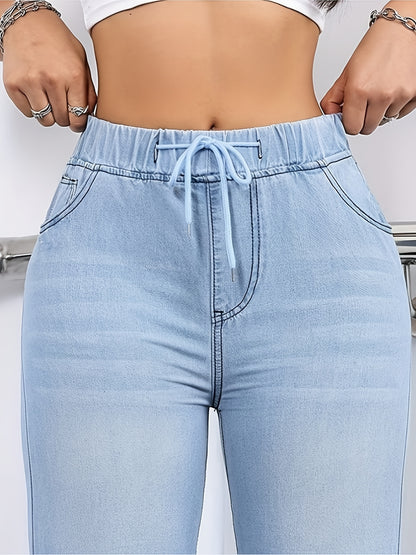 [Drawstring Waist Jeans] Plus Size Women's Drawstring Waist Straight Leg Jeans | High Waist Stretchy Washed Denim | Casual Trendy Comfy Jeans for Daily Wear | Flattering Fit