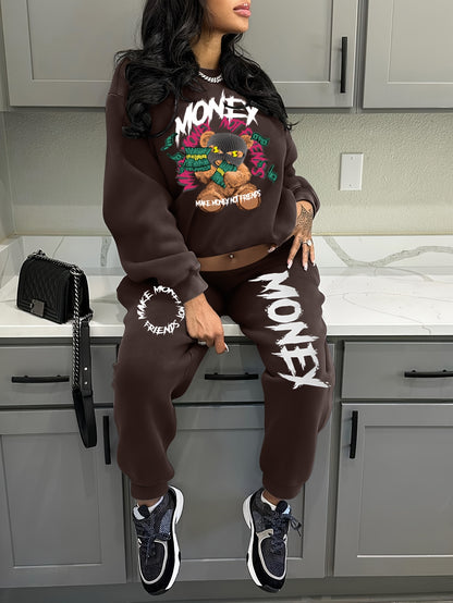 Women's Cozy Brown Sweatshirt & Jogger Set with "Money" Graphic - Casual Crew Neck, Long Sleeve, and Pants with Drawstring Waist - Perfect for Fall and Winter, Allseason Outfit|Playful Graphic Set|Comfortable Fit