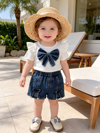 New 2pcs Baby Girls Set with 3D Flower And Bow Flutter Sleeve Top And Denim Shorts, Lightweight Breathable, Suitable for Daily School Outdoor Outings And Summer Outdoor Sports And Leisure for Girls, for Outdoor