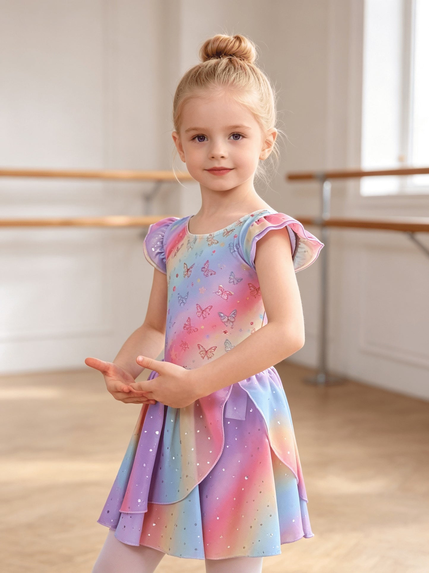 Summer New Kids' Dress, 1pc Of Gym Uniform, 1pc Of Skirt Set, Girls' Clothing Rainbow Flutter Sleeve Sequin Chiffon Dress Set, Children's Clothing Ballet Leotard, Perfect for Outdoor