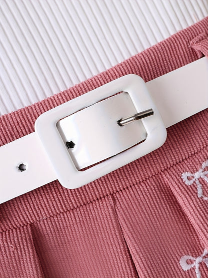 Girl's Collared Knit Tank Top + Bow Corduroy Skirt + Belt 3pcs Set - Sweet Preppy Style, Exquisite Bow Embroidery, Comfortable Corduroy Fabric, Elastic Waist, Perfect for Spring And Autumn, Great for Daily Streetwear And School Activities