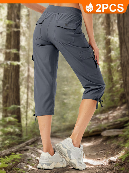 2pcs Women'S Cargo Capris Hiking Pants 50+ Quick Dry Outdoor Athletic Travel Lightweight Casual Loose Comfy Cute Pockets