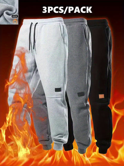 3pcs Men's Heavyweight Sweatpants Set with Lining, Thickened, Elastic Drawstring Waist And Side Pockets, Breathable Sweat-Absorbing Fabric - Autumn/Winter Casual Joggers, Available In Multiple Colors