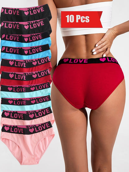 10pcs Loving Heart Ladies Panties Comfortable Breathable Women'S Triangle Panties Wide Waistband