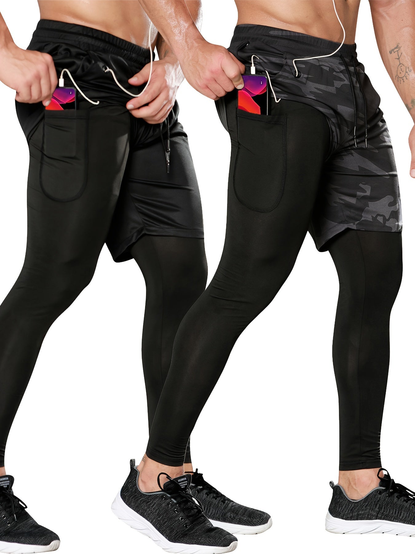 Set of 2 Men'S 2-In-1 Running And Workout Pants Designed for Gym Use, Featuring a Towel Loop