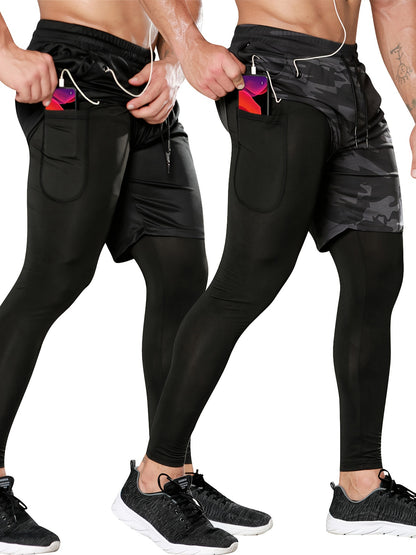 Set of 2 Men'S 2-In-1 Running And Workout Pants Designed for Gym Use, Featuring a Towel Loop
