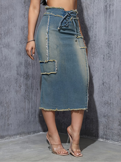 American Vintage High Waist Patchwork Denim Skirt, Distressed Blue Raw Hem & Tie, Commute & Y2K Style Slim Fit