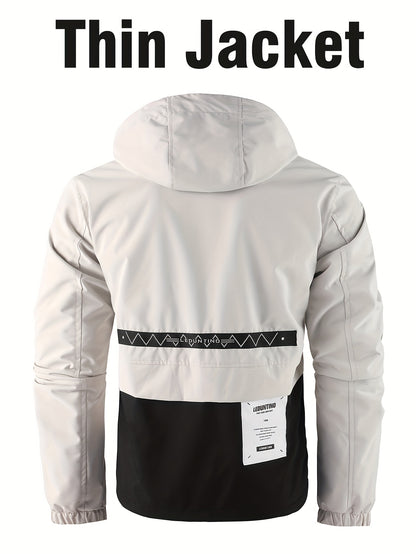 Men's Fashion New Jacket Men's Spring Autumn Thin Casual Multi-Pocket Outdoor Windbreaker Stitching Color Jacket Jacket Men's Removable Hat Windproof Outdoor Jacket Male