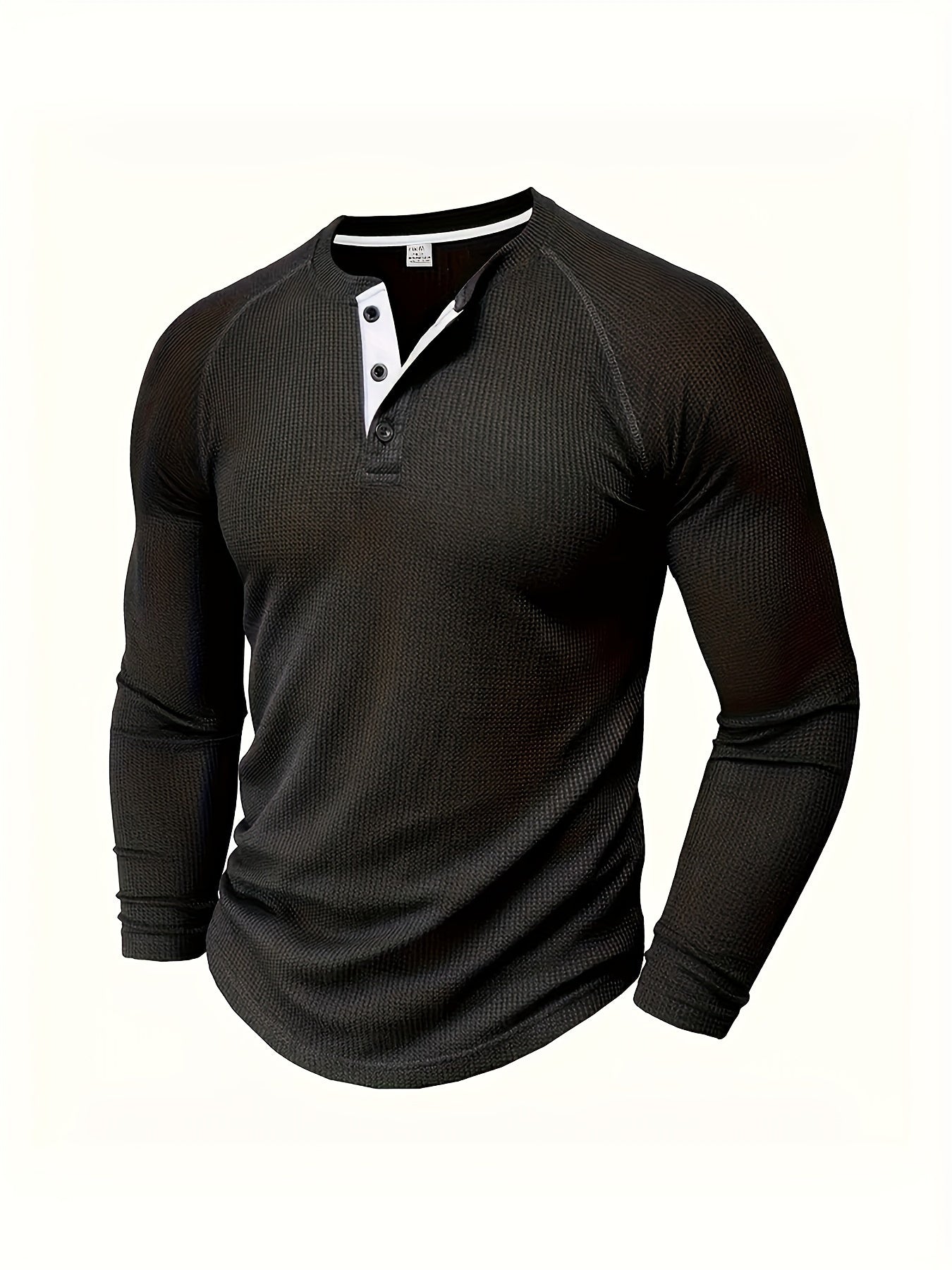5pcs Men'S Loose Solid Color Henry Shirt, Round Neck Half Button Long Sleeve Shirt, Suitable for Spring And Autumn Outdoor Activities ZLT8051