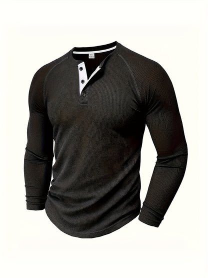 5pcs Men'S Loose Solid Color Henry Shirt, Round Neck Half Button Long Sleeve Shirt, Suitable for Spring And Autumn Outdoor Activities ZLT8051