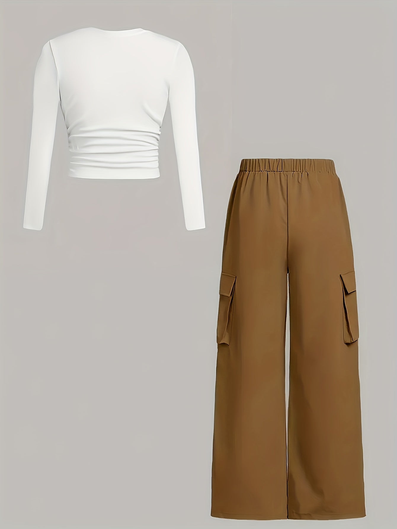 2025 New Arrivals In Elegant Style: Women'S Solid-color Crew-neck Long-sleeve Printed T-shirt And Cargo Pants Set, Suitable For Wearing All Year Round.(Not Including Hats, Glasses, Bags, Shoes)
