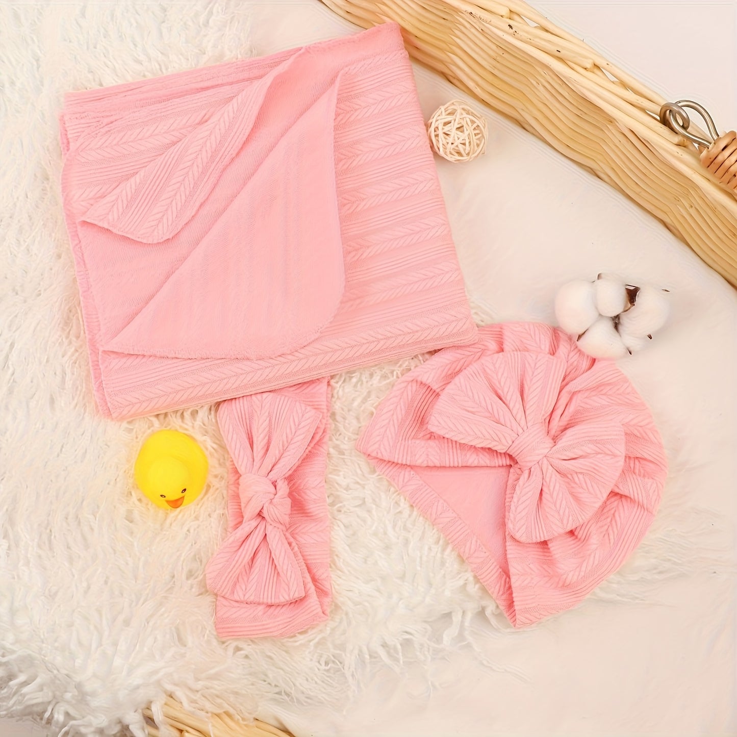 Baby Swaddle Blankets for Girls Boys, 3pcs Newborn Accessories Set with Matching Hat And Bow Headband Soft And Skin-friendly Texture, Suitable for All Four Seasons