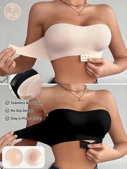 Two-Piece Women'S Mixed Color Strapless Bra with Front Closure, Perfect for Off-Shoulder Dresses And Wedding Gowns, Comfortable Lingerie Strapless Bandeau Bra, Front Closure Wire-Free Bra, Summer Seamless Breathable Bralette