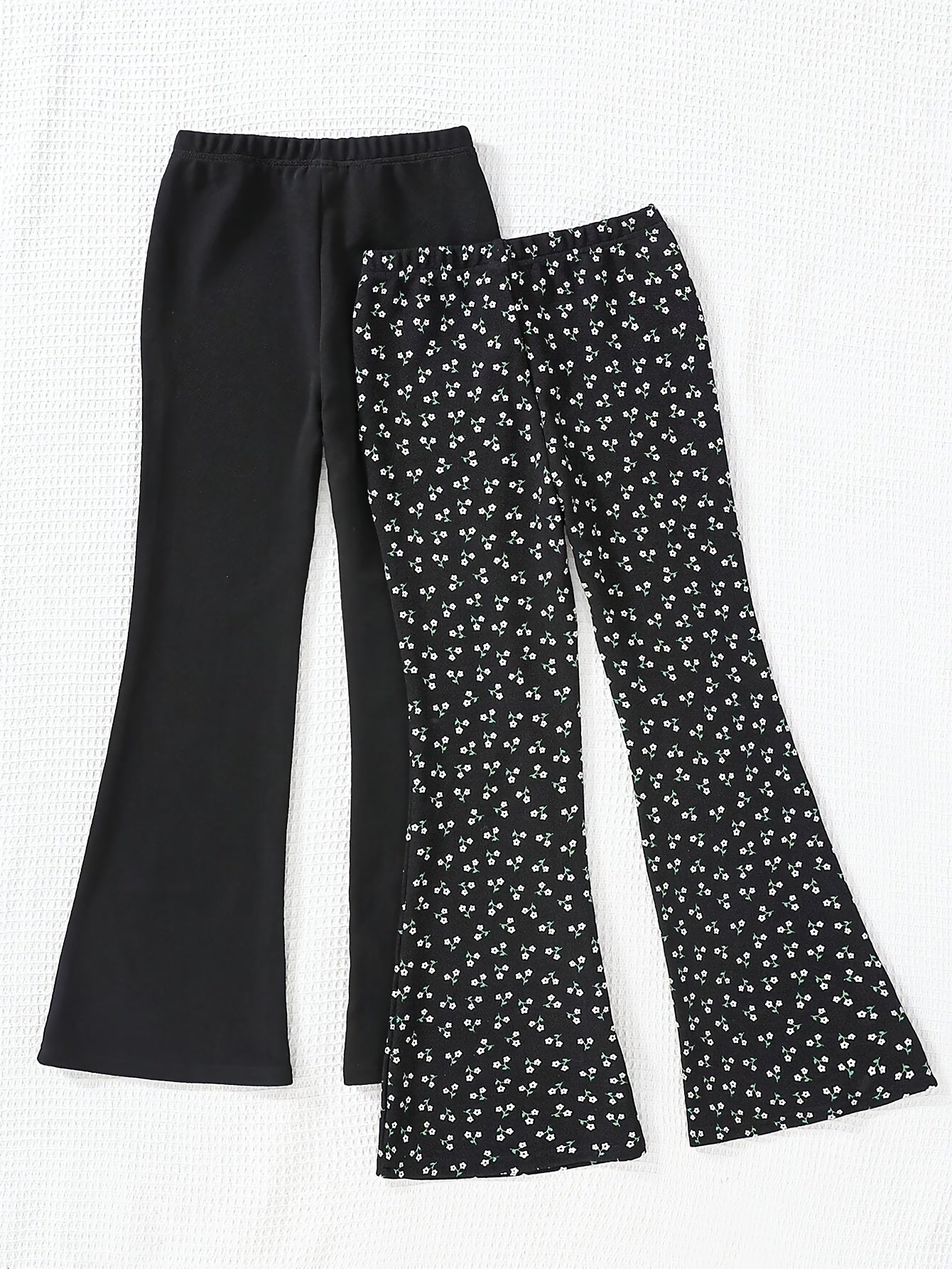 2pcs Girls' Heart Print & Solid Black Flare Leg Pants - Stretchable Bell-Bottom Trousers with Heart Patterns, Machine Washable Suitable for Outdoor Play, Dance, Gym, Casual Wear, All-Season for Aged 3+, Perfect for Outdoor