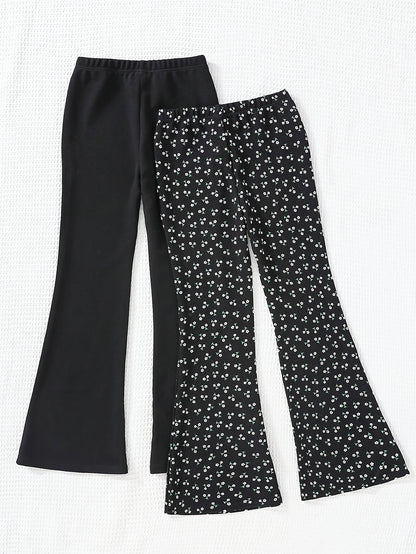 2pcs Girls' Heart Print & Solid Black Flare Leg Pants - Stretchable Bell-Bottom Trousers with Heart Patterns, Machine Washable Suitable for Outdoor Play, Dance, Gym, Casual Wear, All-Season for Aged 3+, Perfect for Outdoor