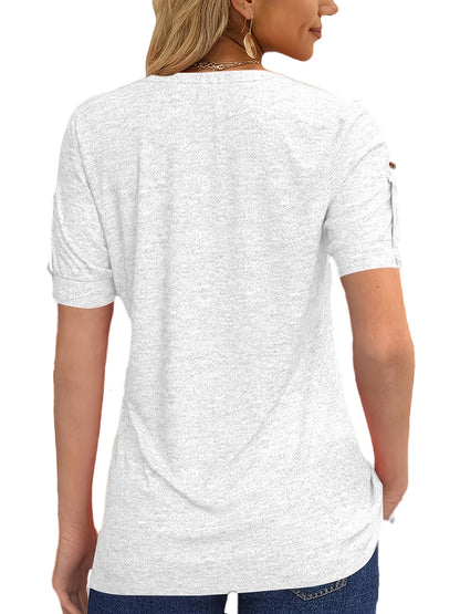 Casual Short-Sleeve T-Shirt for Women, Featuring a Pleated Design And V-Neck in Solid Colors, Perfect for Summer