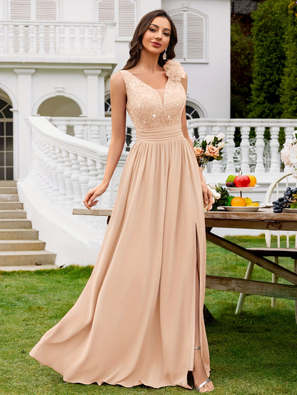 24451A Elegant Womens Mesh Deep V Neck Sequin Lace Maxi Dress, Sleeveless Applique Shoulder, Back V Neck, Ruched A Line Waist, High Thigh Slit Hem, Perfect For Formal Wedding Guest, Prom, Bridesmaid Party, Graduation Season, Wedding Season