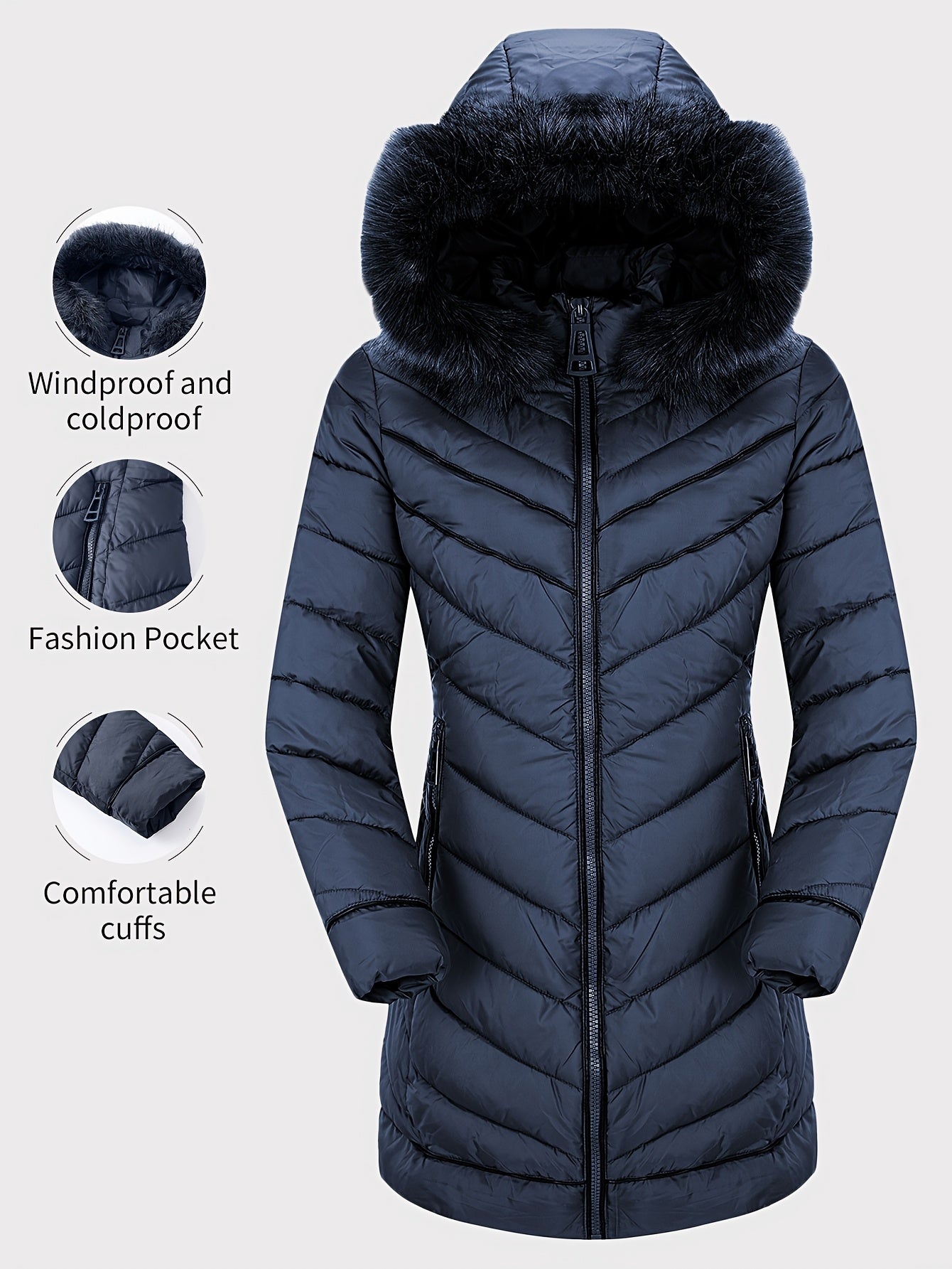 Zip-up Faux Trim Hoodie Puffy Coat, Casual Thermal Long Sleeve Coat for Fall & Winter, Women's Clothing