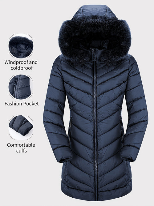 Zip-up Faux Trim Hoodie Puffy Coat, Casual Thermal Long Sleeve Coat for Fall & Winter, Women's Clothing