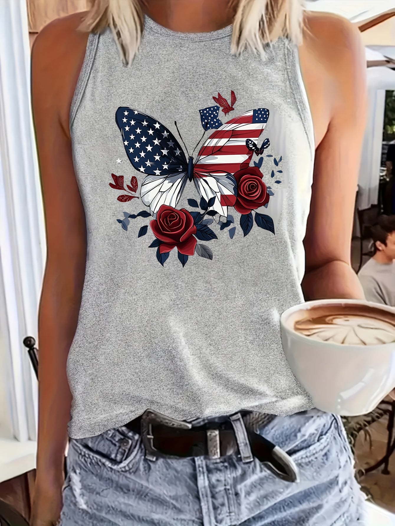 1pc, 180g Fashionable Crew Neck Tank Top - Drawing Printed Top for Women - Casual Short Sleeveless Crew Neck Shirt - Lightweight & Breathable Vest for All Seasons Wardrobe, Polyester
