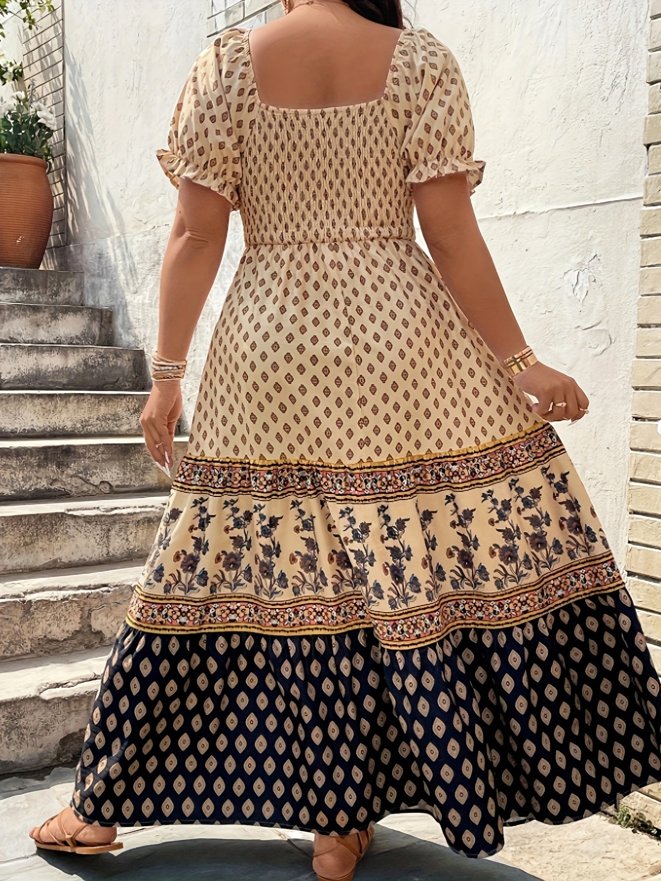 Plus Size - 1pc Spring Summer Mother'S Day Plus Size Women Elegant Bohemian Maxi Dress - Square Neck Puff Sleeve Smocked Bodice Floral Geometric Print Tiered Long Skirt Sophisticated Graceful Style For Vacation Beach Party Wear