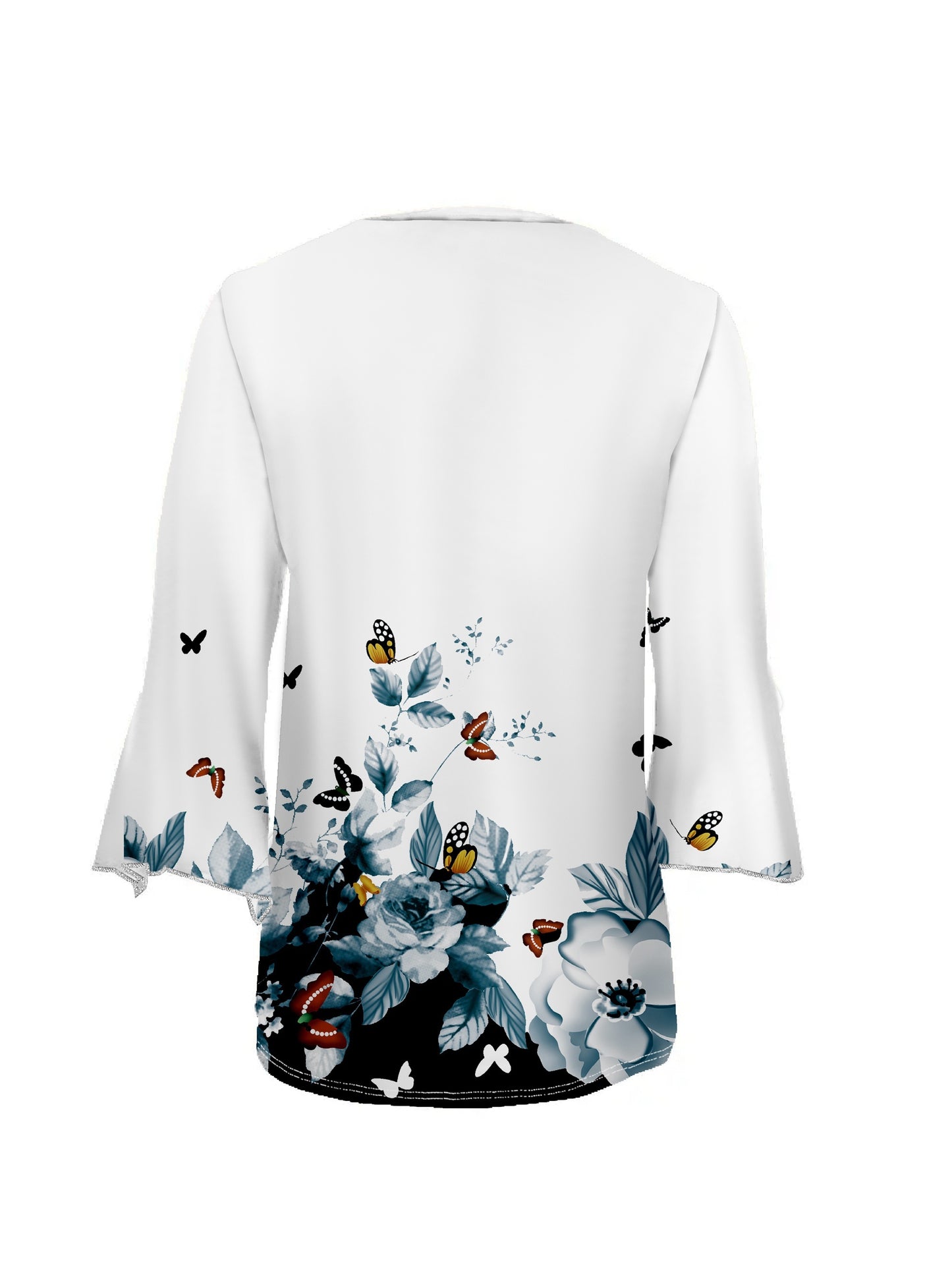 Elegant Butterfly & Floral Print V-Neck Top - Polyester, Machine Washable - Perfect for All Seasons