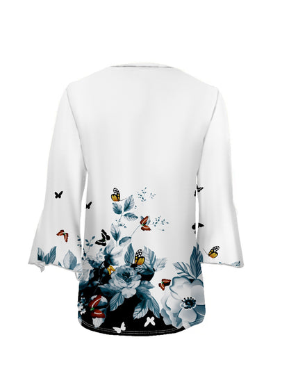 Elegant Butterfly & Floral Print V-Neck Top - Polyester, Machine Washable - Perfect for All Seasons