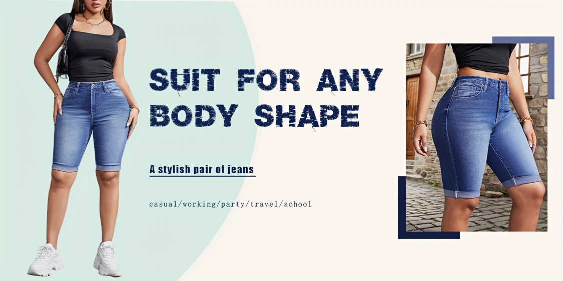 Women's Mid-waist Roll Cuff Bermuda Stretch Denim Shorts Everyday Everything Suitable for Daily Wear Tight Fit Suitable for Family And Friends Gifts