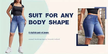 Women's Mid-waist Roll Cuff Bermuda Stretch Denim Shorts Everyday Everything Suitable for Daily Wear Tight Fit Suitable for Family And Friends Gifts