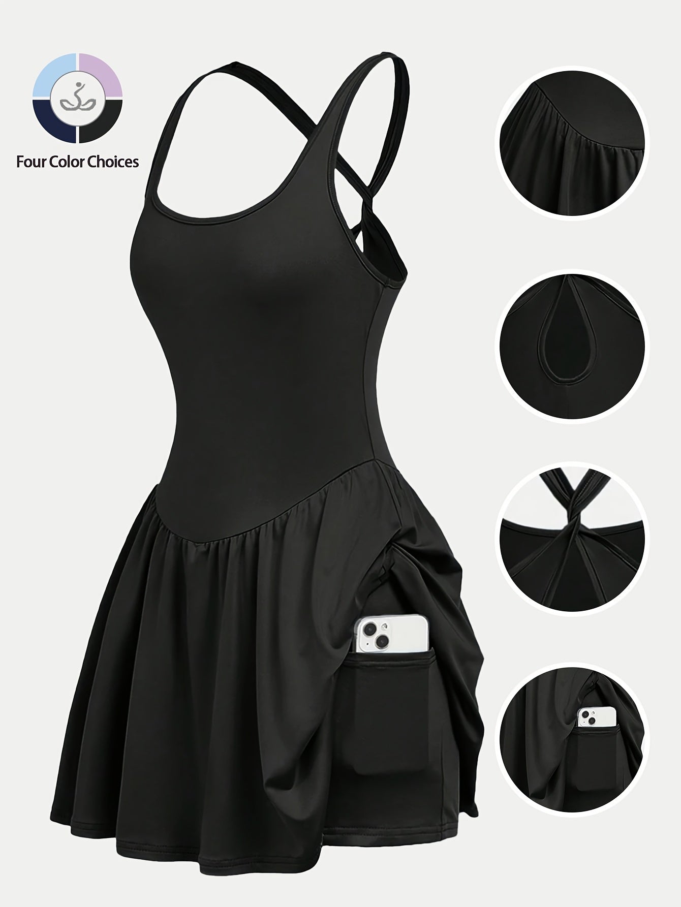 Womens Sleeveless 2-in-1 Athletic Tennis Golf Dress, Underneath Workout Dresses With Built-in Shorts Pocket, Workout Jumpsuits For Women Tummy Control With Double Lined Outfits.