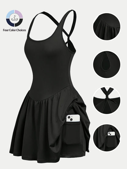 Womens Sleeveless 2-in-1 Athletic Tennis Golf Dress, Underneath Workout Dresses With Built-in Shorts Pocket, Workout Jumpsuits For Women Tummy Control With Double Lined Outfits.