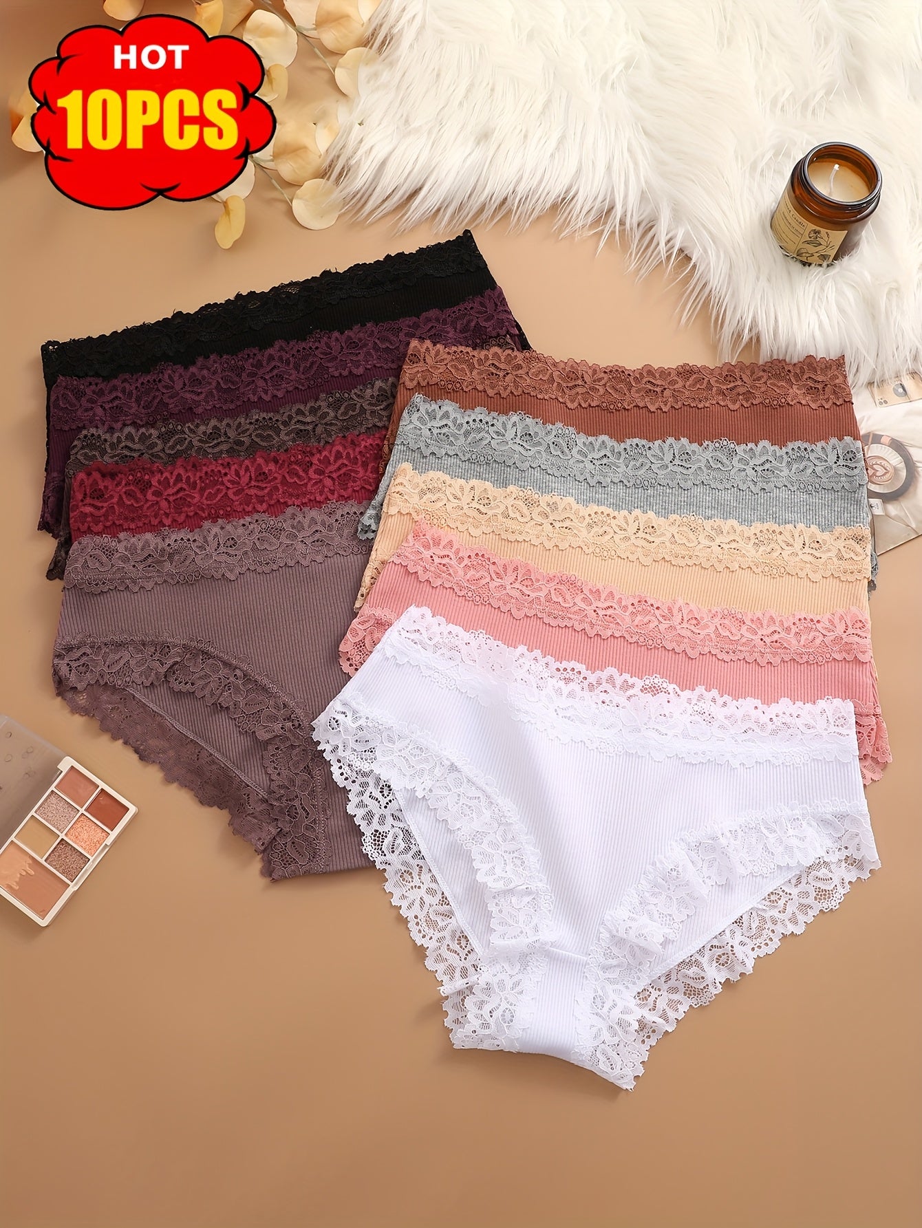 10pcs Set of Solid Color Lace Triangle Pants, Elegant and Fashionable, Skin Friendly, Breathable and Elastic Underwear, Suitable for Daily Commuting, Women's Underwear and Underwear