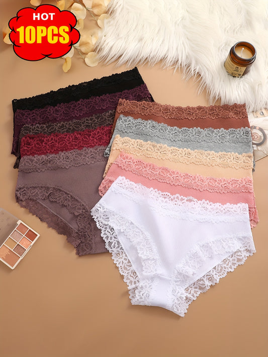 10pcs Set of Solid Color Lace Triangle Pants, Elegant and Fashionable, Skin Friendly, Breathable and Elastic Underwear, Suitable for Daily Commuting, Women's Underwear and Underwear