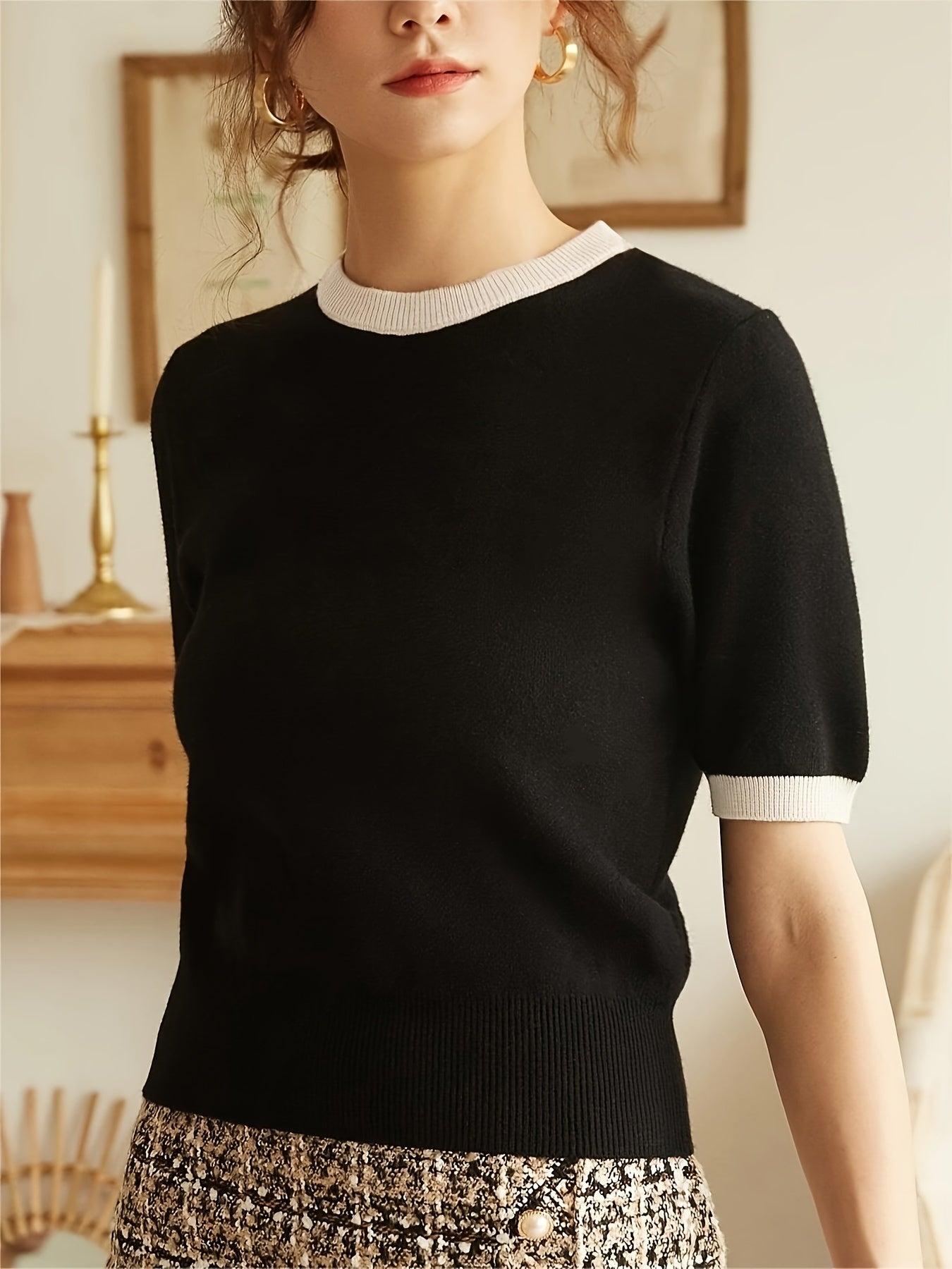 Spring/Summer/Autumn Contrast Trimming Round Neck Holiday Casual Elegant Party Business Commuter Gift Knitted Top T-shirt