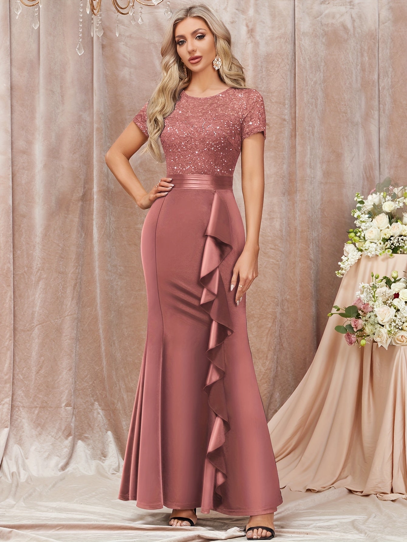53272 Elegant Womens Sequin Lace Contrast Bridesmaid Maxi Dress, Scoop Neck Short Sleeves, Side Ruffle Detail, Satin Mermaid Hem, Perfect for Graduation Season, Wedding Season, Summer Wedding Guest, Evening Party, Summer Vacation Events And Formal