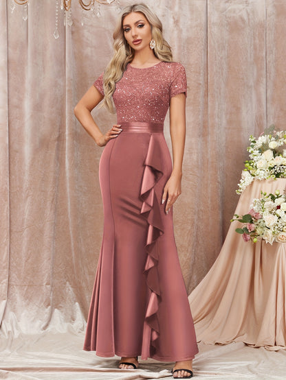 53272 Elegant Womens Sequin Lace Contrast Bridesmaid Maxi Dress, Scoop Neck Short Sleeves, Side Ruffle Detail, Satin Mermaid Hem, Perfect for Graduation Season, Wedding Season, Summer Wedding Guest, Evening Party, Summer Vacation Events And Formal