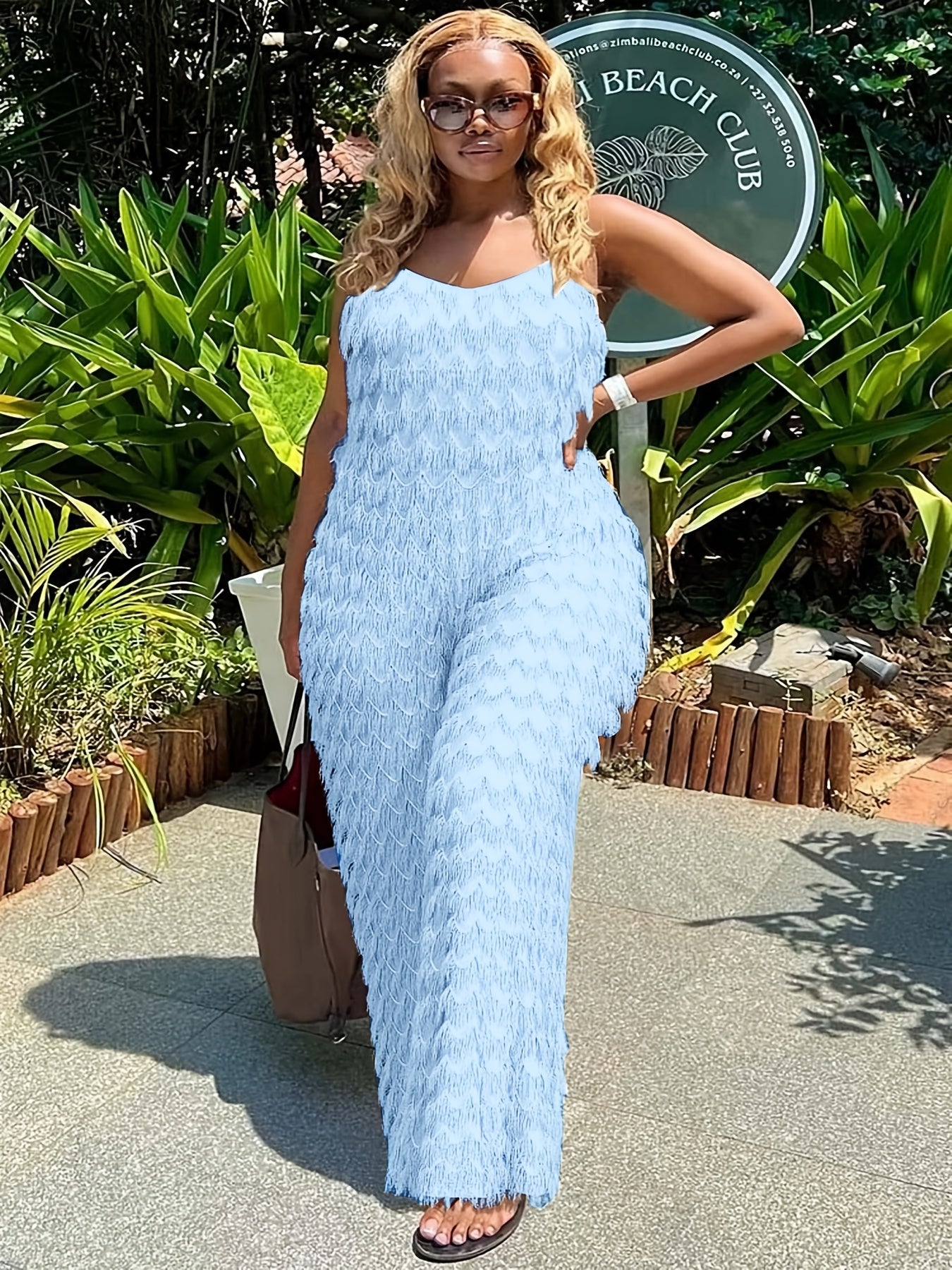 Plus Size, Plus Size Elegant Black Jumpsuit for Women - Chic Sleeveless V-Neck with Tassel Detail, Loose Fit, Polyester & Elastane Blend, Machine Washable - Perfect for All Seasons, Plus Size Jumpsuit