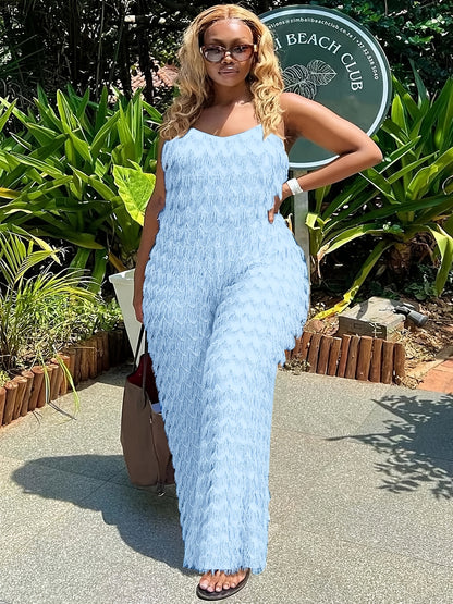 Plus Size, Plus Size Elegant Black Jumpsuit for Women - Chic Sleeveless V-Neck with Tassel Detail, Loose Fit, Polyester & Elastane Blend, Machine Washable - Perfect for All Seasons, Plus Size Jumpsuit