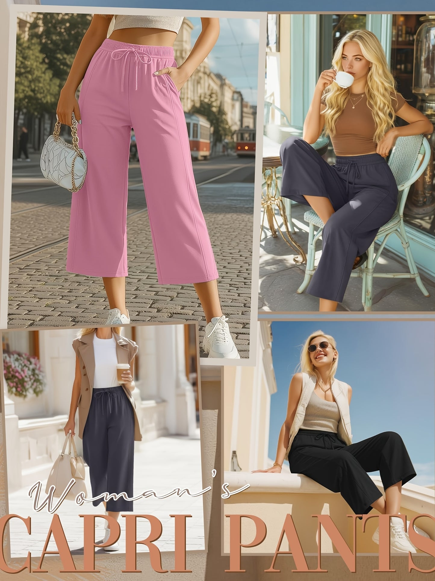 Plus Size, 3pcs Plus Size Women's Capri Pants, Wide Leg Basic Sweatpants Lounge Loose Fit Casual Drawstring Capris with Pockets