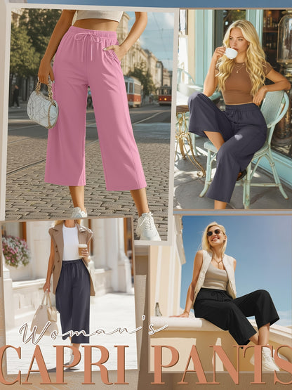 Plus Size, 3pcs Plus Size Women's Capri Pants, Wide Leg Basic Sweatpants Lounge Loose Fit Casual Drawstring Capris with Pockets