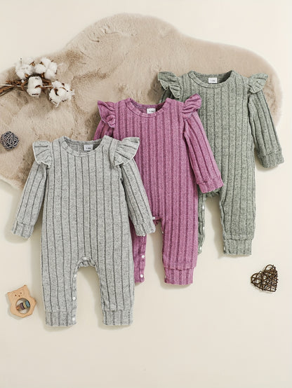 3pcs girls' autumn and winter set in pink, purple, gray, and green with round neck button-up long-sleeve jumpsuit, Perfect for Outdoor
