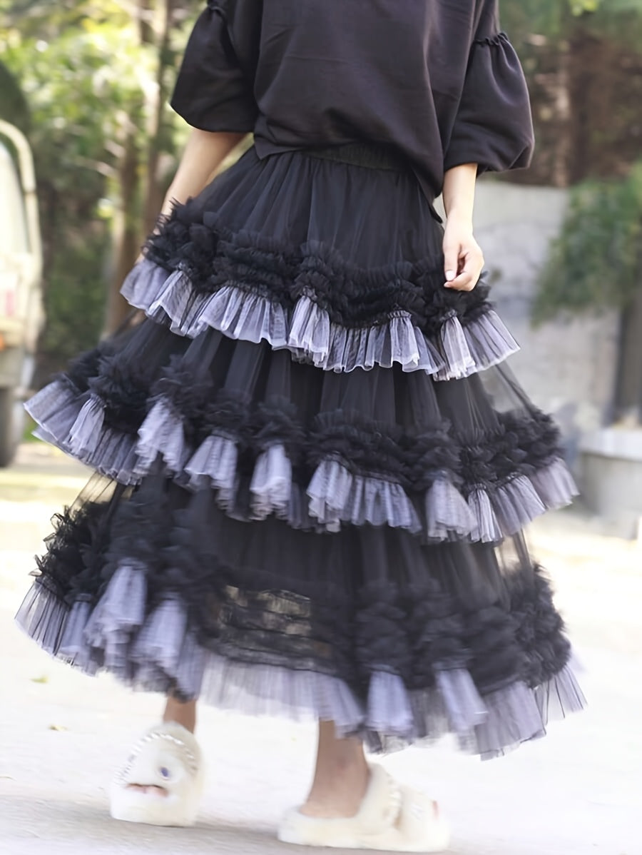 Women'S Tulle Tutu Skirt High-Low Flowy A-Line Ballet Skirt With Elastic Waist, Layered Mesh Fluffy Long Skirt For Beach Party Streetwear Wedding Cake Winter Fashion Outfits